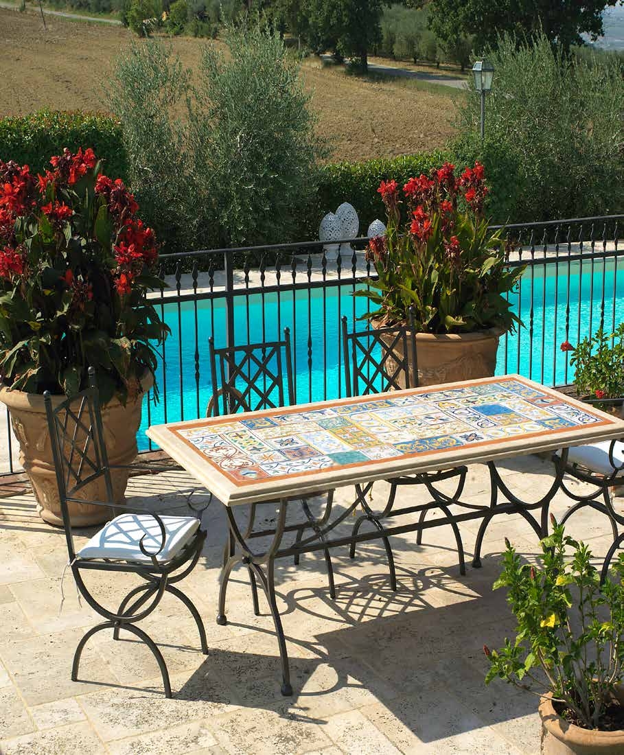 Gartentisch Stein Mosaik Italienisch Stühle Schmiedeeisen