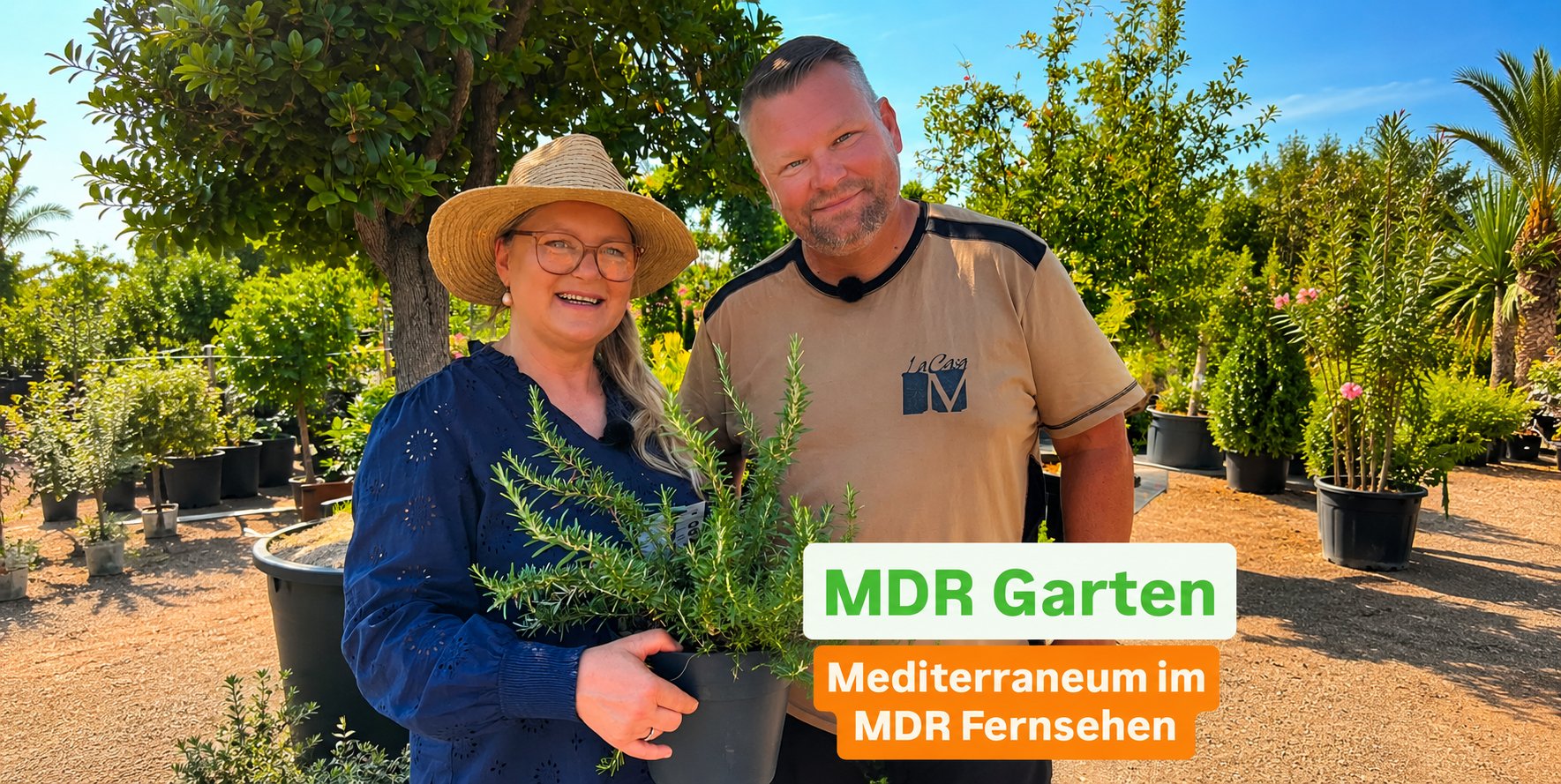 MDR Garten zu Gast im Mediterraneum bei Köthen: Moderatorin Diana Fritzsche-Grimmig und Stefan mit Rosmarin